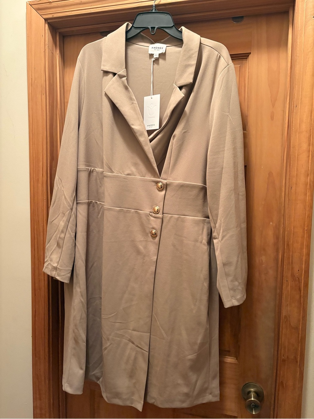 Andree Taupe Midi Dress Coat with Gold Buttons